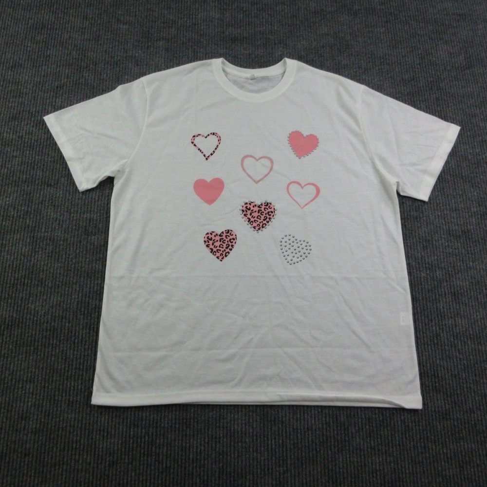 Studded Pink Hearts Shirt Womens XL White Jersey Crew Neck Fashion Graphic Tee